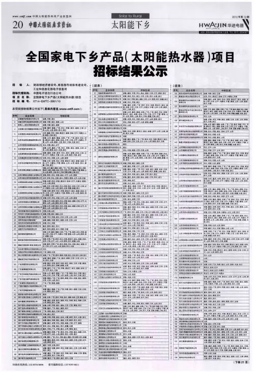 全国家电下乡产品(太阳能热水器)项目招标结果公示