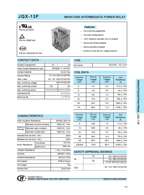 继电器JQX-13F资料