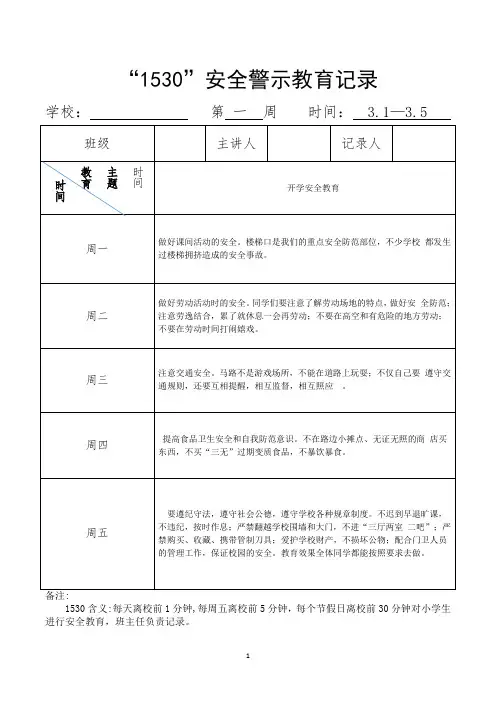“1530”安全教育记录表(2021年最新)