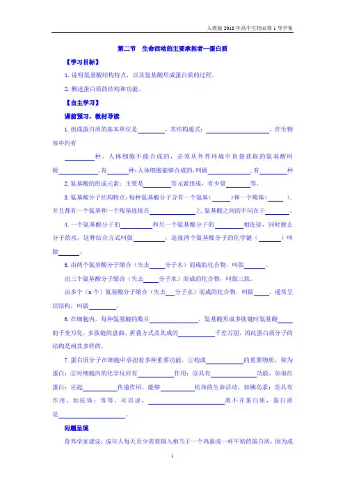 人教版高中生物必修一第2章 组成细胞的分子 第2节 生命活动的主要承担者—蛋白质导学案