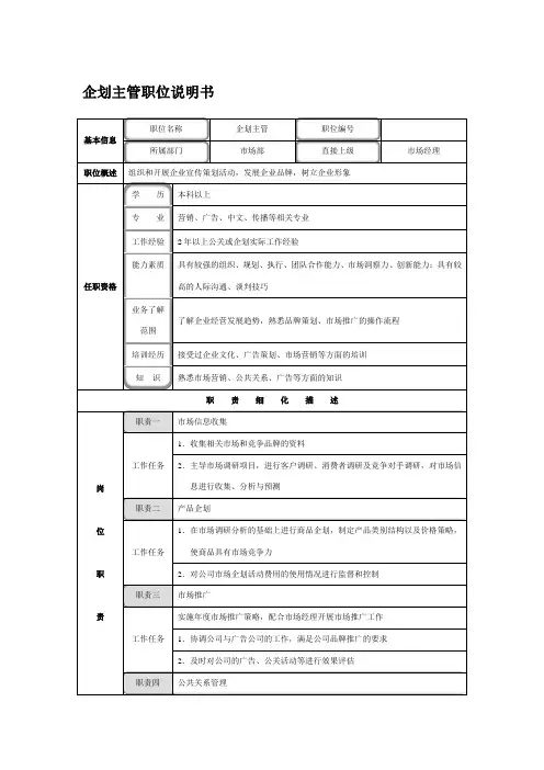 企划主管职位说明书