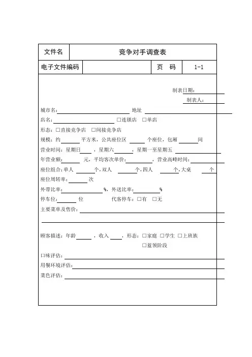 酒吧竞争对手调查表