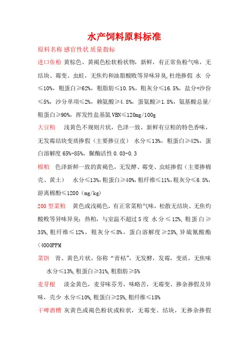 水产饲料原料标准