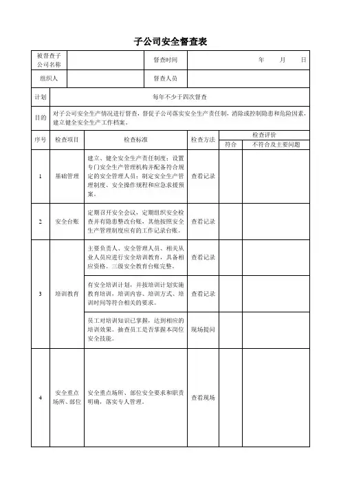 子公司安全督查表
