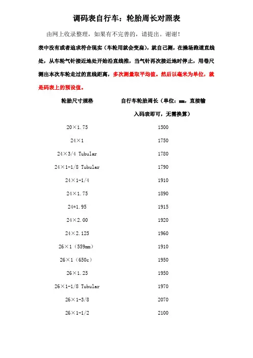 调自行车码表周长对照表