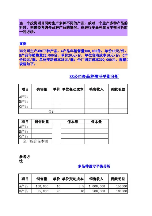 销售组合的盈亏平衡分析实例练习