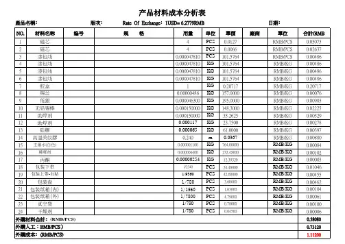 产品材料成本分析表  模板