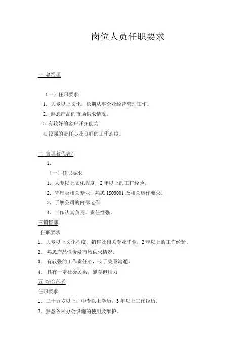 1部门岗位职责及任职要求