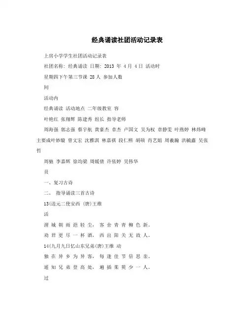 经典诵读社团活动记录表