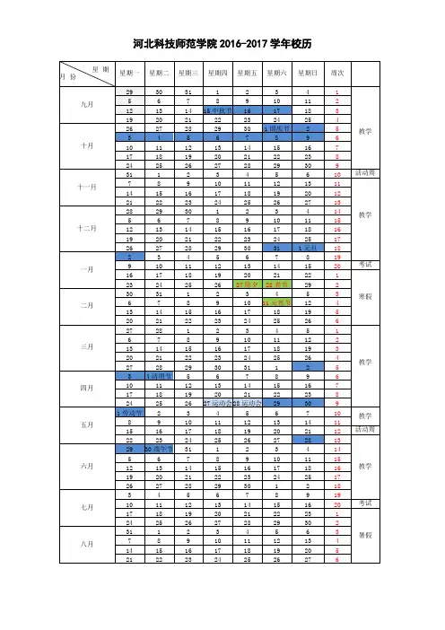 河北科技师范学院-2016-2017学年校历
