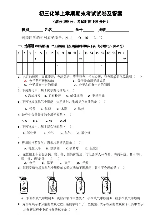 初三化学上学期期末考试试卷及答案