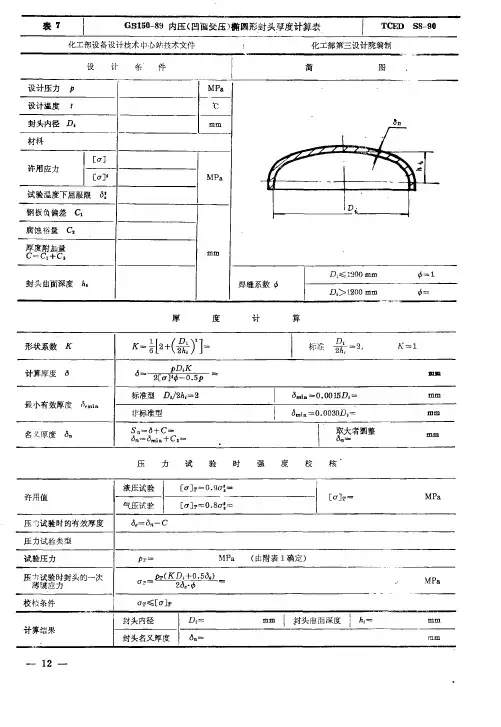 GB150-89内压(凹面受压)椭圆形封头厚度计算表