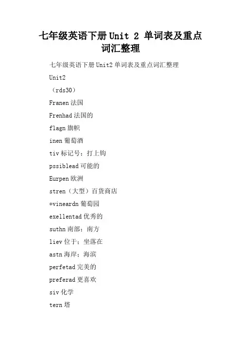 七年级英语下册Unit 2 单词表及重点词汇整理