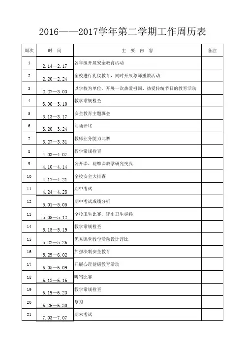 2016-2017学年度第二学期周历表