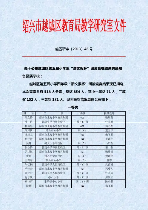 各区属学校 越城区第五届小学四年级“语文报杯”阅读竞赛结果