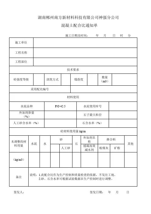 混凝土配合比通知单 2