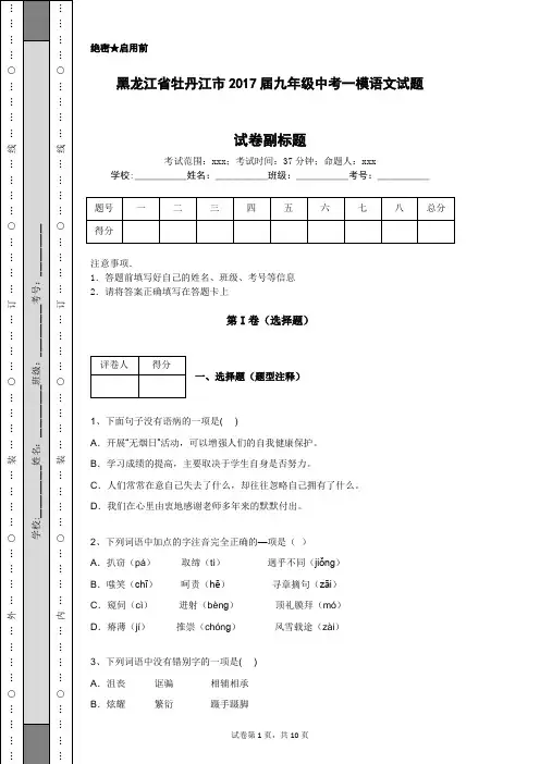 黑龙江省牡丹江市2017届九年级中考一模语文试题