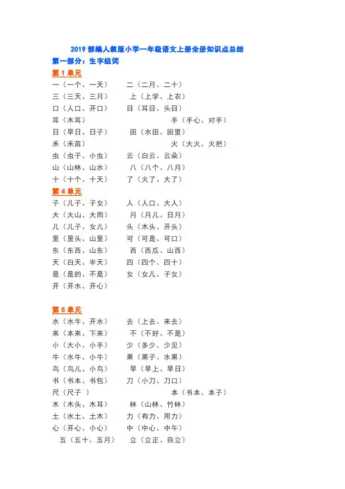 2019部编人教版小学一年级语文上册全册知识点总结