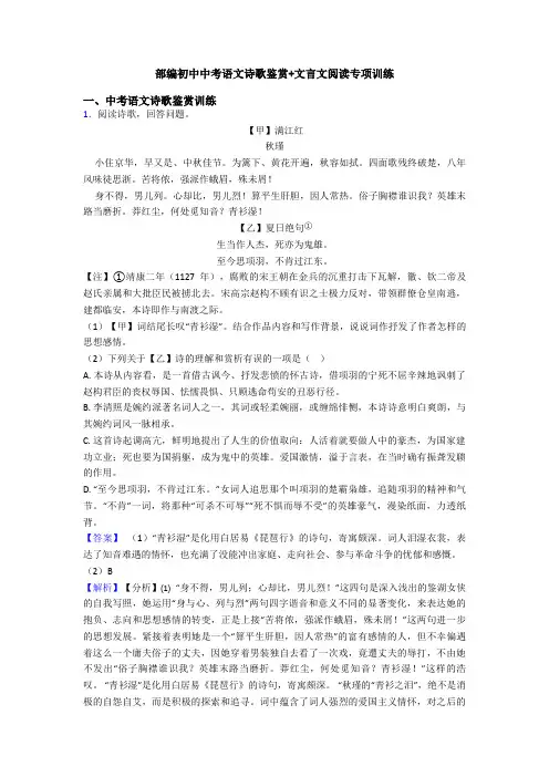 部编初中中考语文诗歌鉴赏+文言文阅读专项训练