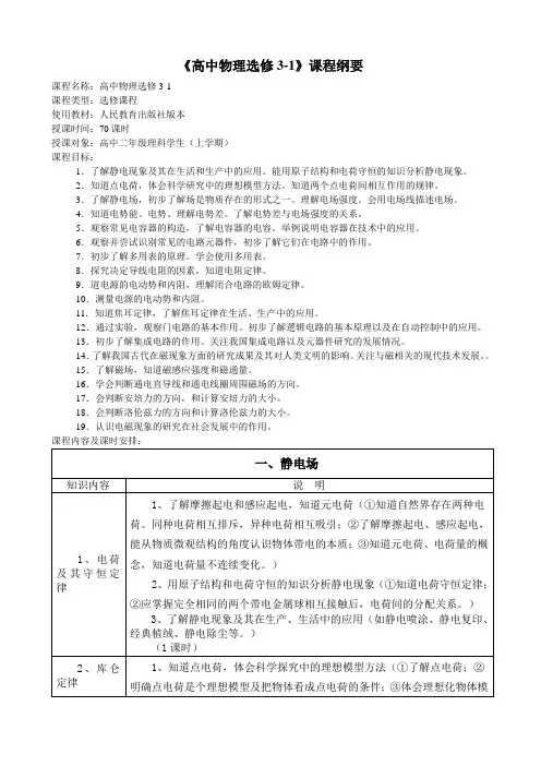 高中物理选修3-1课程纲要
