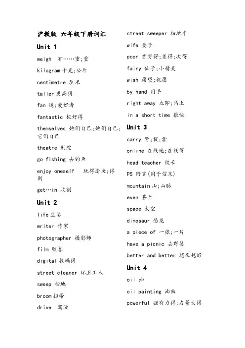 沪教版英语六年级下册词汇