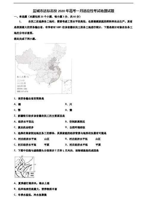 盐城市达标名校2020年高考一月适应性考试地理试题含解析