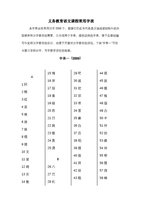 初中语文 义务教育语文课程常用字表