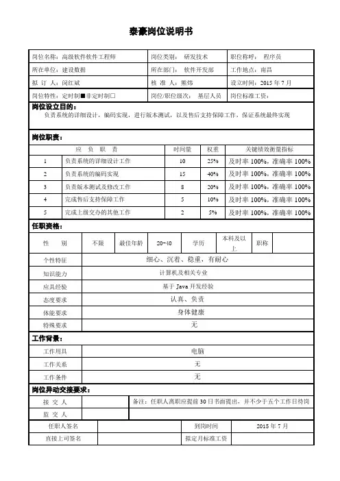 高级软件软件工程师岗位说明书