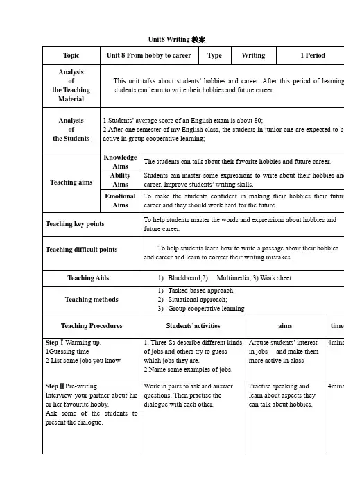 沪教版七年级英语下册Unit8 Writing 课教案-新版