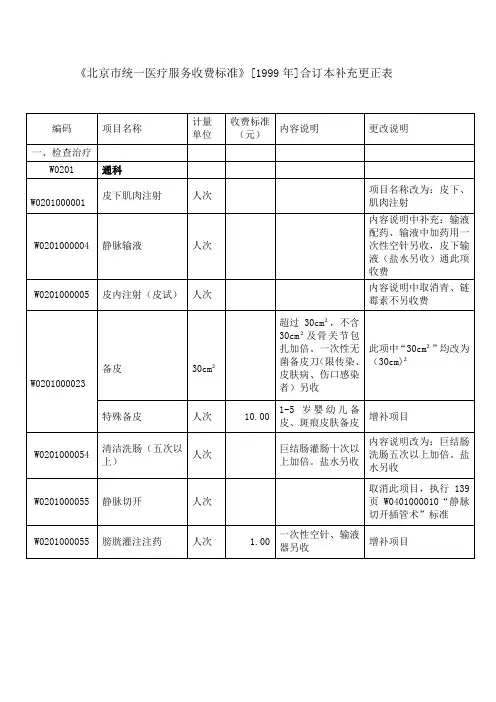 北京市统一医疗服务收费标准