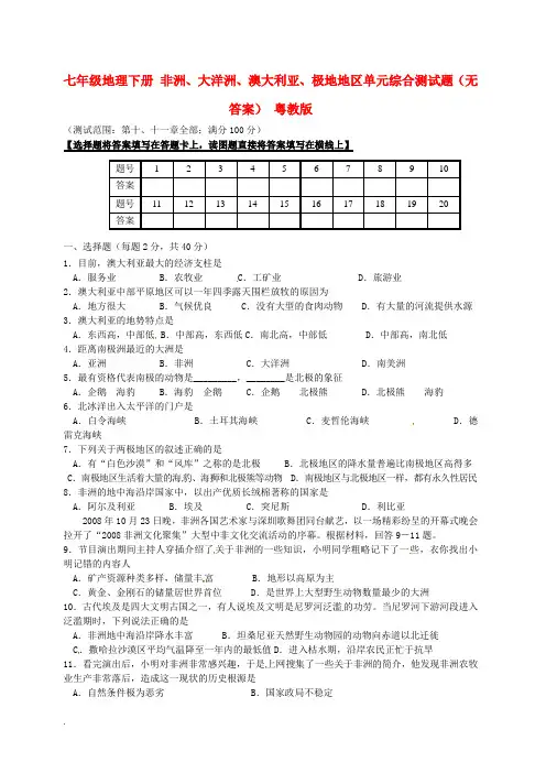 七年级地理下册 非洲、大洋洲、澳大利亚、极地地区单元综合测试题(无答案) 粤教版