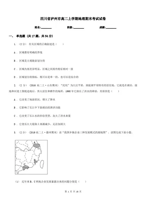 四川省泸州市高二上学期地理期末考试试卷