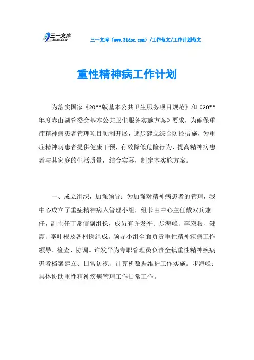 工作计划范文重性精神病工作计划
