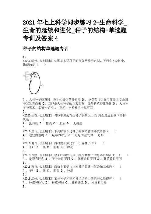 2021年七上科学同步练习2-生命科学_生命的延续和进化_种子的结构-单选题专训及答案4