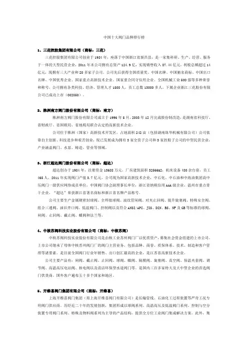 中国十大阀门品牌排行榜
