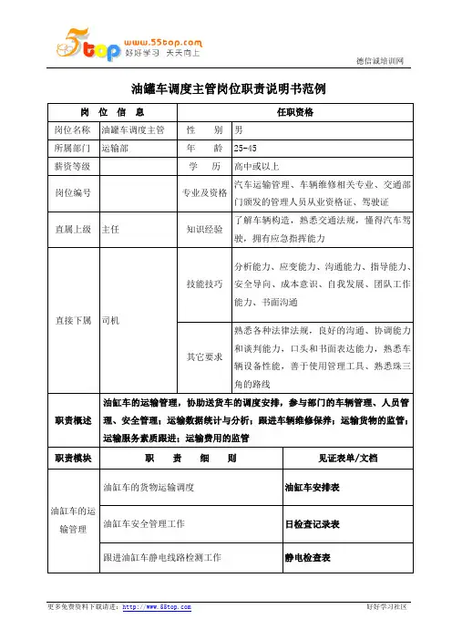 油罐车调度主管岗位职责说明书