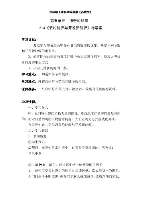六年级下册科学导学案-5.1 神奇的能量4【苏教版】