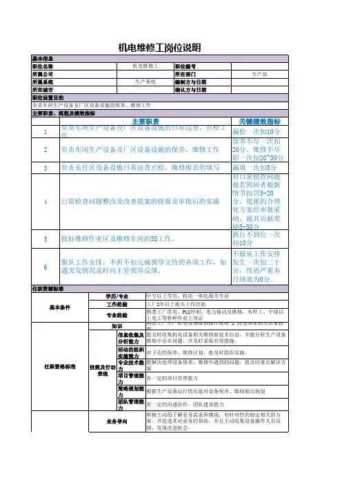 机电维修工岗位说明书