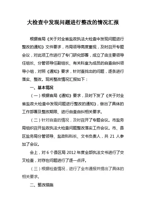 大检查中发现问题进行整改的情况汇报