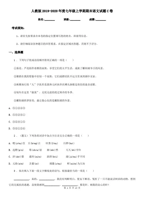 人教版2019-2020年度七年级上学期期末语文试题C卷(测试)