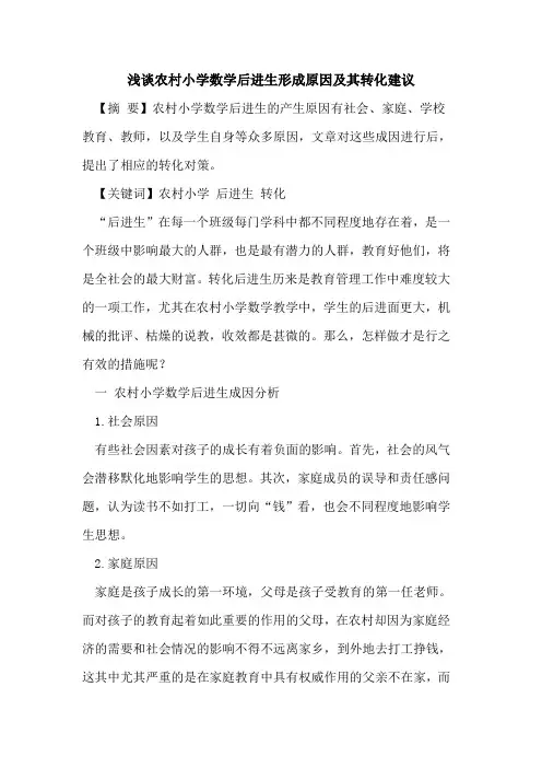 农村小学数学后进生形成原因及其转化建议