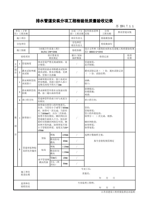 排水管道安装分项工程检验批质量验收记录