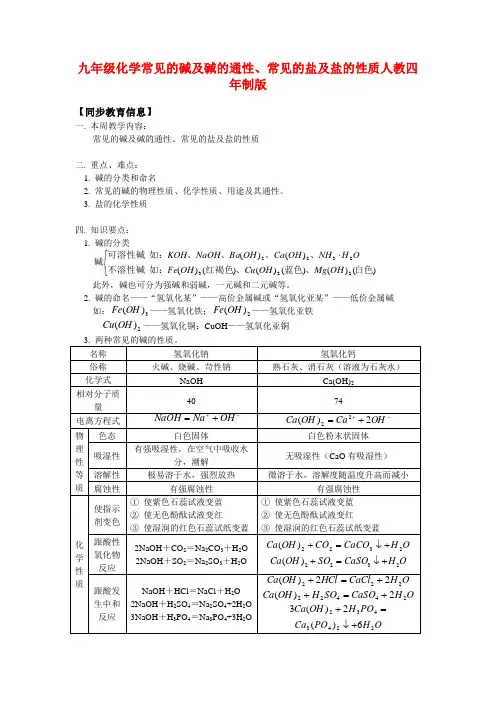 九年级化学常见的碱及碱的通性、常见的盐及盐的性质人教四年制版知识精讲