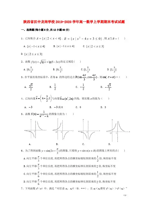 陕西省汉中龙岗学校2019_2020学年高一数学上学期期末考试试题