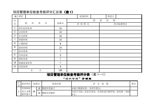 项目管理检查考核评分表单位