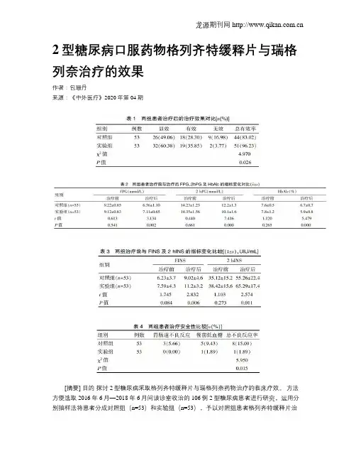 2型糖尿病口服药物格列齐特缓释片与瑞格列奈治疗的效果