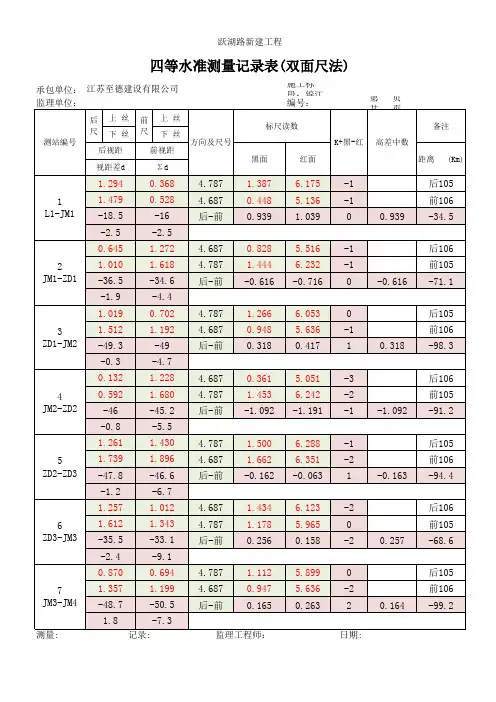 标准版四等水准测量正反算(双面尺法)