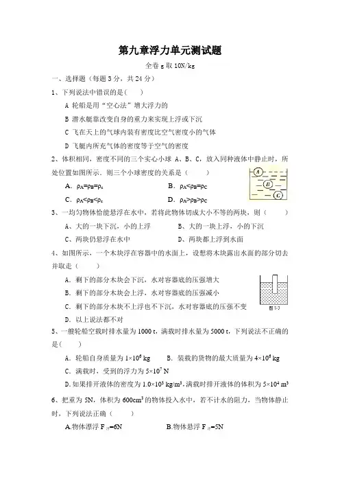 沪科版八年级物理下册第九章浮力单元测试题