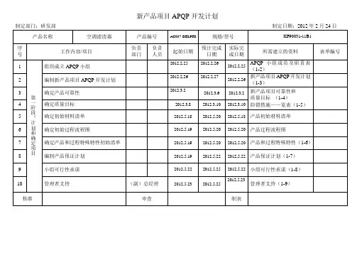 公司新产品项目APQP开发计划