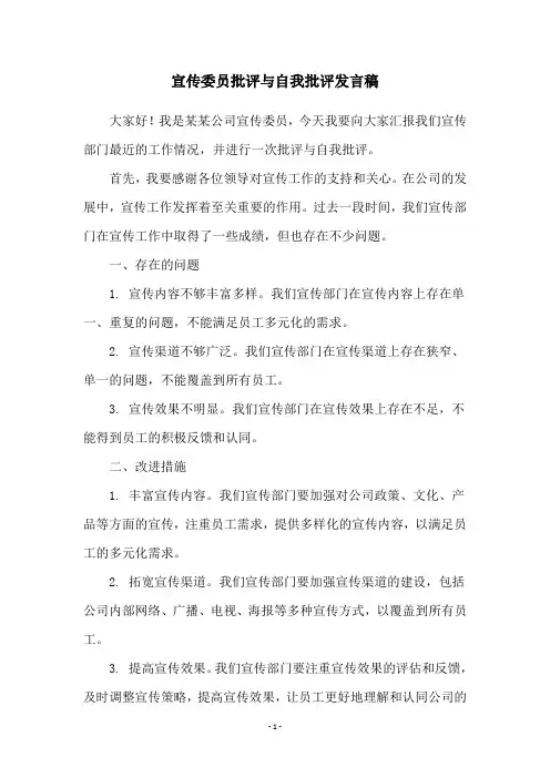 宣传委员批评与自我批评发言稿